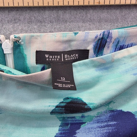 White House Black Market Floral Pencil Skirt Teal Blue Watercolor Size 12 - Picture 6 of 9
